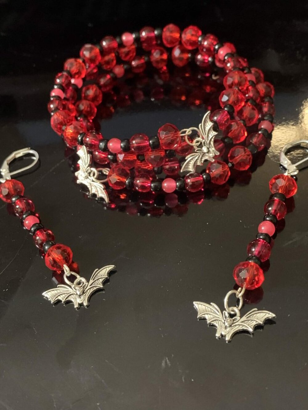 Hand Crafted 'The Vampire's Kiss' glass beaded coil bracelet and earrings set